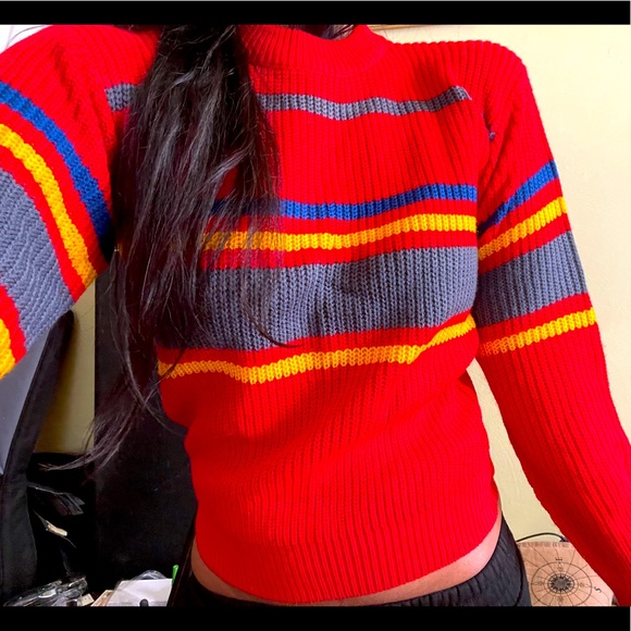 Tops - Vintage 70s 80s Striped Sweater Ski Ringer S Red